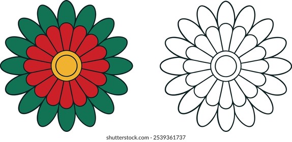 The image shows a stylized flower with red petals and green outer petals. A yellow circle is in the center. Next to it is an outline of the same flower.