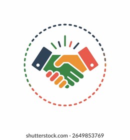 The image shows a stylized graphic of two hands shaking, depicted in shades of green, orange, and red. The hands are positioned within a dashed circular border 