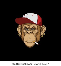 The image shows a stylized illustration of a chimpanzee head wearing a red and white baseball cap and smoking a cigarette while sporting gold earrings.