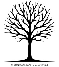 The image shows a stylized illustration of a tree. The tree is depicted in black, with bare branches extending outwards in a symmetrical pattern. It appears to be leafless, resembling a winter tree. 