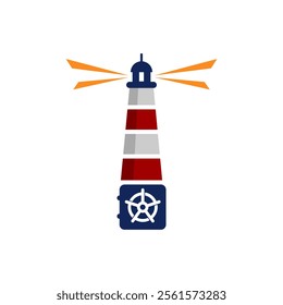 The image shows a stylized lighthouse with red and white stripes, emitting orange light beams, and a nautical wheel symbol at its base.