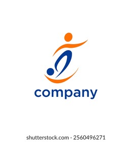 The image shows a stylized logo with abstract human figures in orange and blue, accompanied