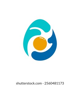 The image shows a stylized logo of an egg with a yolk in the center, surrounded by abstract shapes in teal and blue, which could represent a bird or a hand.