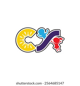 The image shows a stylized logo featuring a yellow 'C' with sun rays, a blue figure and a red figure playing on a purple 'S' shaped slide, representing a playful and energetic theme