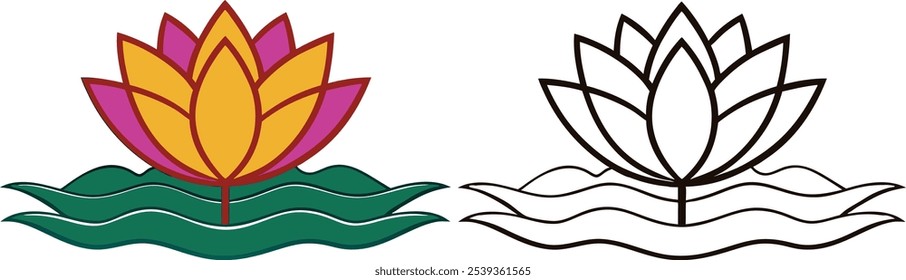 The image shows a stylized lotus flower with three petals on each side, outlined in black and colored in yellow and pink, sitting on green waves.