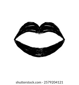 The image shows a stylized pair of black lips painted in a bold and graphic style.