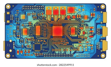 The image shows a stylized printed circuit board featuring a deep blue base with gradient green tones. Prominent orange square chips and gold circular mounting holes are arranged across the board, connected by cyan traces and white pads.