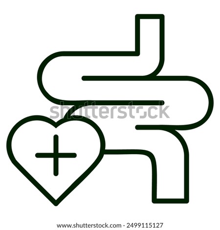 The image shows a stylized representation of the human digestive system, with a heart containing a plus sign attached to it.