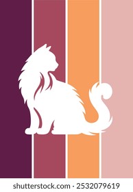 The image shows a stylized silhouette of a cat, positioned elegantly against a background divided into four vertical panels, each with a different warm, earthy tone deep maroon, burgundy, orange.