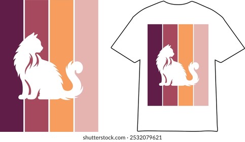 The image shows a stylized silhouette of a cat, positioned elegantly against a background divided into four vertical panels, each with a different warm, earthy tone deep maroon, burgundy, orange.