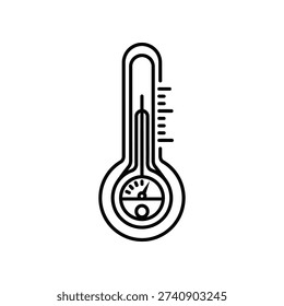 The image shows a stylized thermometer with a mercury-like column rising to indicate temperature. At the bottom, there is a simple face with a neutral expression and a sun partially visible, suggesting a weather-related context. The design is minimalist and monochromatic, emphasizing clarity and simplicity.