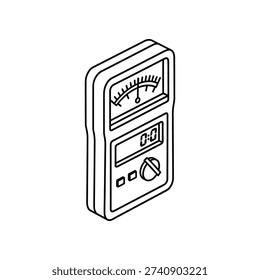 The image shows a stylized, three-dimensional illustration of a handheld digital multimeter. The device features an analog dial gauge on the top left, likely for measuring AC voltage, and a digital display showing numerical values. Below the display, there are several buttons for different measurement functions, including voltage, current, and resistance. The design is simple and isometric, providing a clear view of the device's front face and some of its structural details.