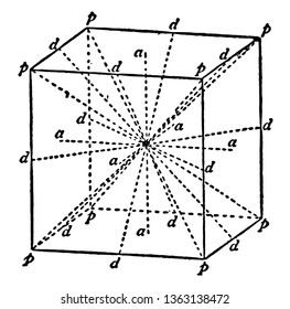 The image shows the symmetry axes of a cube. All the axes that pass through the point that is called the center of a cube. Planes of symmetry of the cube indicated by dotted lines, vintage