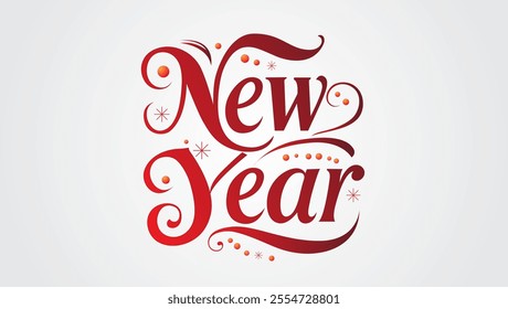 The image shows the text New Year written in red decorative calligraphy with snowflakes and other embellishments
