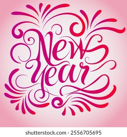 The image shows the text New Year written in a fancy decorative font with swirls and flourishes The text is in shades of pink and red and there are also firework like shapes in the background
