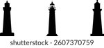 Image shows three black silhouettes of lighthouses of varying designs against a white background. They represent navigation and maritime safety.
