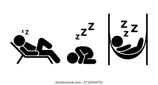 Image shows three black stick figures sleeping one lounging in a chair, another curled up on the floor, and the third resting in a hammock, each marked with 'Z's.