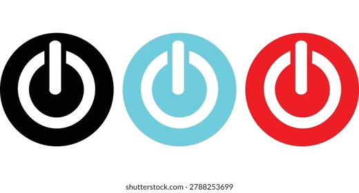 The image shows three circular power buttons, each with a different color: black, cyan, and red. The buttons are arranged horizontally, with the black button on the left, the cyan button in the middle, and the red button on the right. Each button has a white power symbol in the center.
