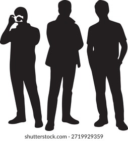 Una Imagen muestra a tres hombres de silueta oscura con ropa informal. La figura de la izquierda sostiene una cámara; los otros dos están de pie. Fondo transparente.