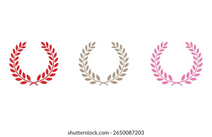 Image shows three laurel wreaths, each with symmetrical leaves, in red, brown, and pink, placed side-by-side on a white background.