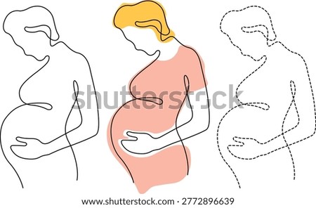 The image shows three line drawings of a person’s torso, highlighting the physical changes during pregnancy and postpartum recovery. The first drawing depicts a pregnant person with an enlarged abdomen, the second shows the same person with a colored abdomen to emphasize the pregnancy, and the third illustrates the person after giving birth, showing a lessened but still altered torso shape. The drawings emphasize the natural variations in body shape through these stages.
