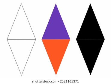 La Imagen muestra tres Formas magnéticas dispuestas horizontalmente. La forma izquierda está delineada en blanco, la forma media está dividida en dos partes con púrpura en la parte superior y naranja en la parte inferior