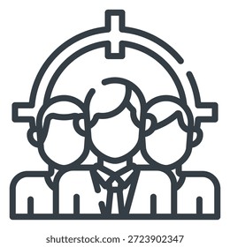 Das Bild zeigt drei Personen, die nebeneinander stehen und in einem minimalen Line-Art-Stil dargestellt sind. Sie scheinen formale oder professionelle Kleidung zu tragen. Über ihnen befindet sich ein halbkreisförmiger Rahmen, der einer Kuppel oder einem Bogen ähnelt und Einheit, Schutz oder eine institutionelle Umgebung symbolisiert. Das Symbol stellt in der Regel ein Team, eine Organisation, eine Gemeinschaft oder eine Führungsgruppe dar.