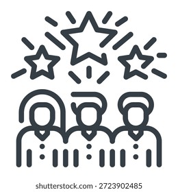 La Imagen muestra a tres personas de pie juntas con estrellas sobre sus cabezas, ilustradas en un estilo de arte lineal simple. Las estrellas simbolizan reconocimiento, excelencia o logro. Este ícono representa comúnmente a miembros sobresalientes del equipo, a los mejores jugadores, al reconocimiento de liderazgo o a un grupo de alta calidad.