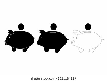 The image shows three piggy banks in a horizontal row. The first two are completely black with minimal white highlights, while the third one is an outlined, unfilled piggy bank.