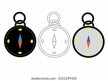 The image shows three pocket watch-like designs, each with a compass needle. The left design has a black face, the center is an outline, and the right has a gray background with colored needles.