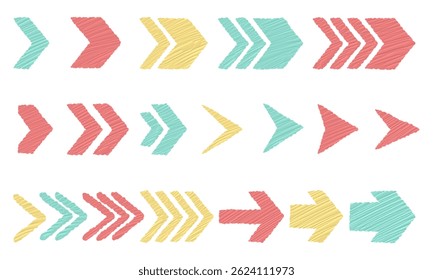 The image shows three rows of colorful, stylized arrow shapes in red, yellow, and teal, pointing to the right, each row featuring different designs and patterns.