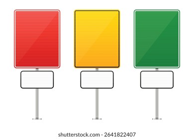 The image shows three signs in a row, featuring red, yellow, and green colors. Each sign also has a secondary white sign below the colored sign, mounted on a pole.
