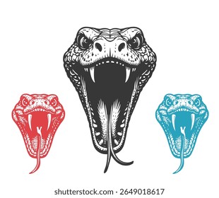 The image shows three snake heads with open mouths and visible fangs, in black, red, and blue.