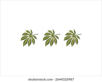 The image shows three stylized castor bean leaves arranged horizontally against a plain white background. 