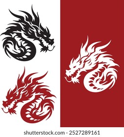 The image shows three stylized dragon designs, each with a fiery, swirling appearance. One is black on white, another is red on white, and the third is white on a red background, emphasizing contrast.