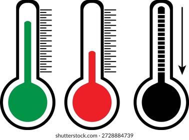 The image shows three thermometers, each displaying a different temperature. The first thermometer has a green liquid column, indicating a lower temperature. The second thermometer has a red liquid column, showing a moderate temperature. The third thermometer has a black liquid column and an arrow pointing downward, suggesting a higher temperature. The thermometers are aligned side by side for comparison.
