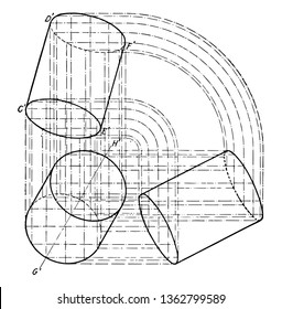 The image shows the three-axis plane Projection of the cylinder. It is a graphic layout of projections to build a cylinder from the base of the cylinder and is inclined, vintage line drawing