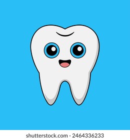 The image shows a tooth with blue eyes and a smile against a blue background