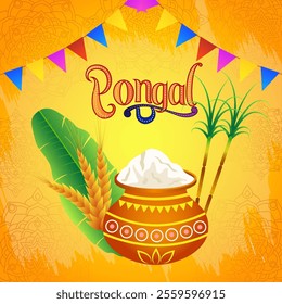 The image shows a traditional Pongal pot filled with milk and rice surrounded by sugarcane banana leaves wheat stalks and colorful flags celebrating the harvest festival