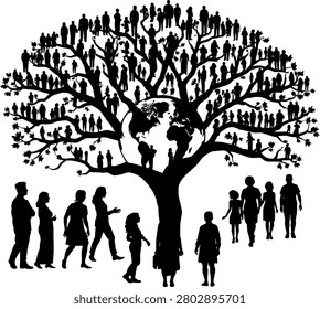 The image shows a tree with many people standing on its branches and around the base, all in black.