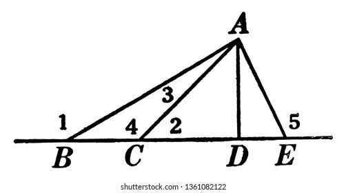 The image shows a triangle ABE. In this diagram three parts of triangle, angle of 9 are shown, vintage line drawing or engraving illustration.