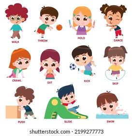 The image shows twelve children engaging in different activities, each representing a common action verb.