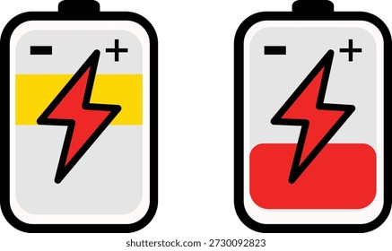 Das Bild zeigt zwei Batterien nebeneinander. Der Akku auf der linken Seite ist vollständig aufgeladen, was durch den gelben oberen Bereich und ein vollständiges Blitzsymbol angezeigt wird. Der Akku auf der rechten Seite ist teilweise aufgeladen, was durch den roten unteren Bereich und ein teilweise gefülltes Blitzsymbol angezeigt wird. Beide Batterien haben klare positive und negative Symbole.