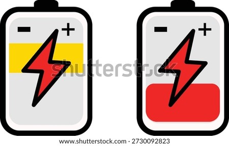 The image shows two batteries side by side. The battery on the left is fully charged, indicated by the yellow top section and a full lightning bolt icon. The battery on the right is partially charged, indicated by the red bottom section and a partially filled lightning bolt icon. Both batteries have clear positive and negative symbols.