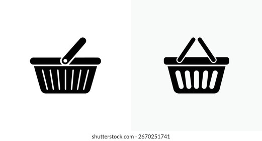 La Imagen muestra dos ilustraciones negras de la cesta de la compra aisladas en blanco. Los iconos representan contenedores vacíos con asas y líneas simples sobre un fondo transparente.