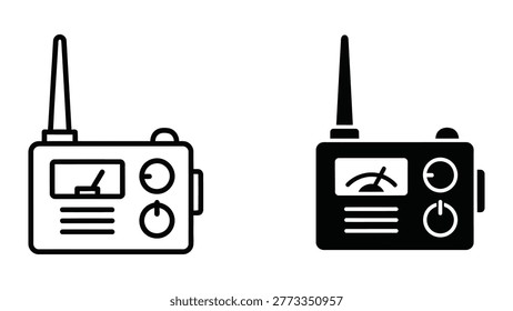 The image shows two black and white line drawings of vintage portable radios. Both devices feature prominent antennas on top, tuning dials, and analog frequency indicators. The radio on the left has a simpler design with fewer buttons and a more basic display, while the one on the right includes additional features like a more detailed frequency gauge and extra control knobs. They both have a traditional, retro look indicative of mid-20th-century technology.