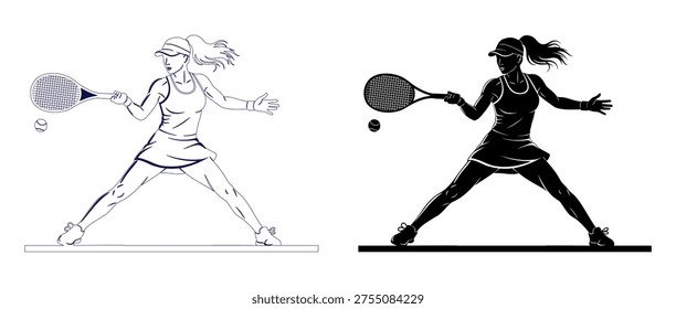The image shows two black-and-white line drawings of female tennis players in mid-action. Both are executing backhand strokes, but with slightly different stances and body positioning. They are both on a tennis court, wearing typical sports attire including visors, skirts, and tennis shoes. The player on the left has a more upright posture, while the player on the right leans slightly forward with a more extended arm.