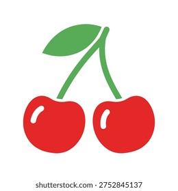 The image shows two bright red cherries connected by a green stem with a single elongated leaf. The cherries have a glossy texture and a small white stem mark at the top, giving them a fresh and juicy appearance.