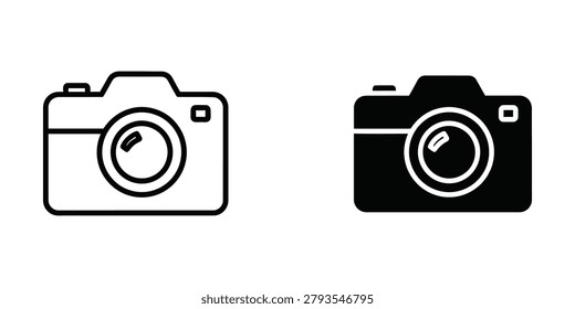 The image shows two camera icons side by side. The first icon is a light outline on a white background, while the second icon is a filled black outline with white interior details, creating a reverse color effect. Both icons depict a classic film camera with a flash unit and lens.