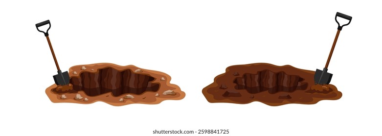 The image shows two cartoon shovels in different dirt piles showing digging progress and soil detail.